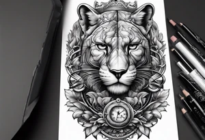 Brain in sagittal section and angry cougar inside hourglass tattoo idea