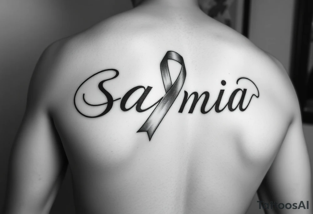 Breast cancer ribbon flowing into the name Samia. Ribcage. Side. Men.

Make the ribbon flow at the end of the a but include all letters tattoo idea