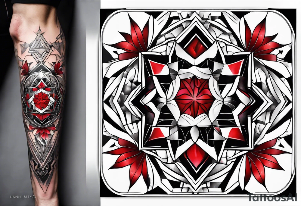 Daniel Silva Knee tattoo with tints of red and sacred geometry tattoo idea