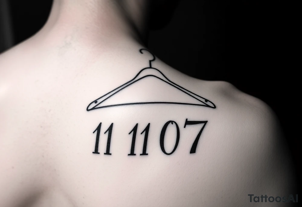 I want a tattoo about 7 cm in size that includes a drawing of a clothes hanger and the numbers 11 07, all in a realistic, beautiful style with stylish lettering tattoo idea