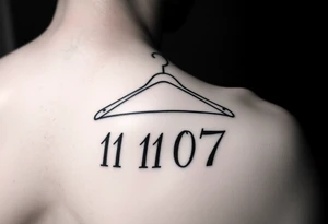 I want a tattoo about 7 cm in size that includes a drawing of a clothes hanger and the numbers 11 07, all in a realistic, beautiful style with stylish lettering tattoo idea