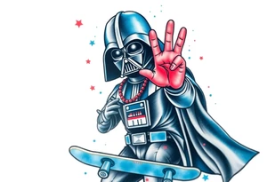 MEMORY TATTOO
Darth Vader skateboarding with Hawaiian hand signal hang loose in heaven, outdoors, bullets, star wars>blue and red 
"Darth Carter"
12/29/88-01/06/24 tattoo idea