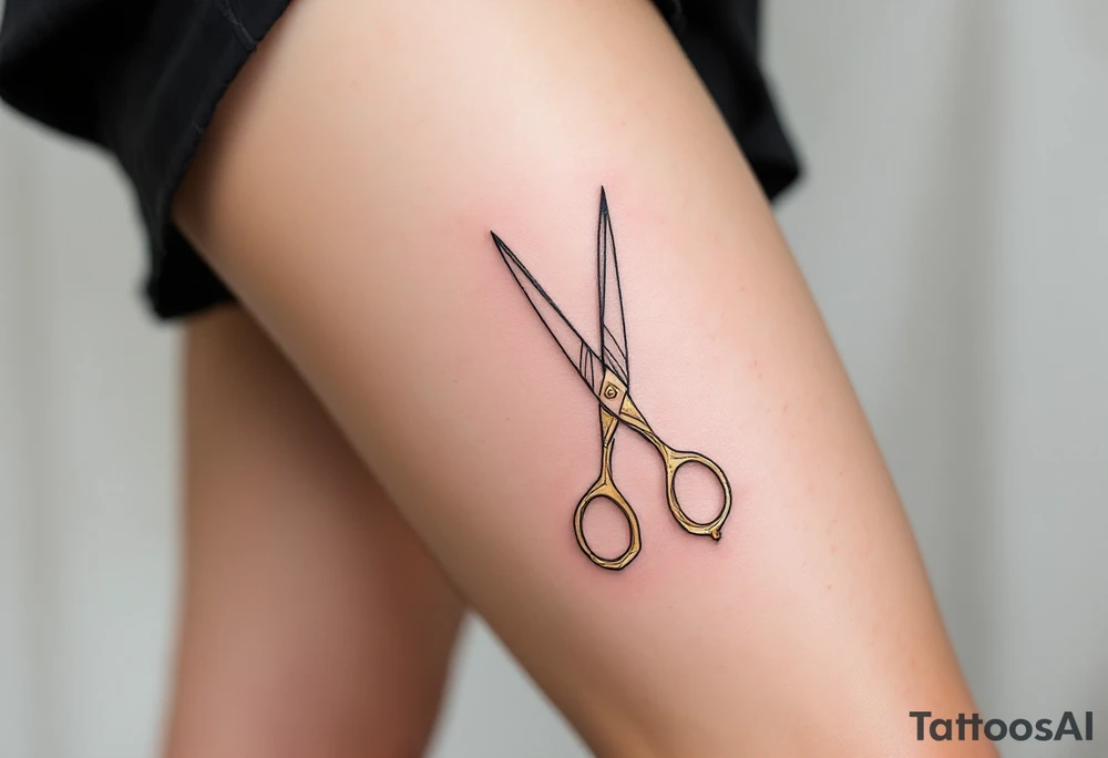 Geometric Scissors Tattoo – Scissors designed with sharp, angular lines and black ink to create a modern, minimalist geometric shape. The blades could have accents of gold to highlight their cutting edges. tattoo idea