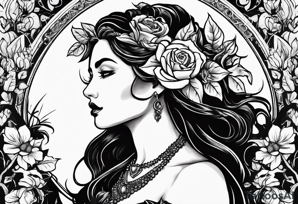 persephone goddess theme tattoo with a dark or gothic perspective. Include pomegranate, flowers and her being the queen of the underwood tattoo idea