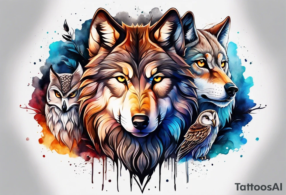 A Wolf as a father, an owl as the son and a lioness as the daughter. tattoo idea