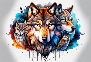 A Wolf as a father, an owl as the son and a lioness as the daughter. tattoo idea