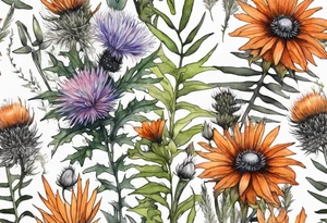 cascading mixed colored wildflowers with thistles, ferns, burnt orange flowers all in watercolor tattoo idea