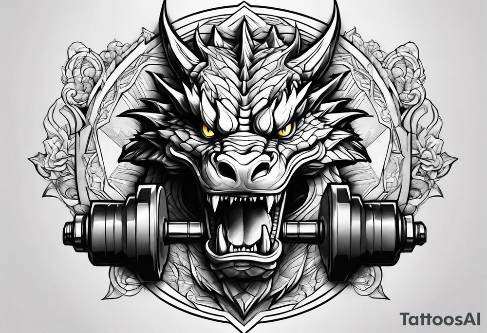 Dragon with dumbbell in mouth tattoo idea