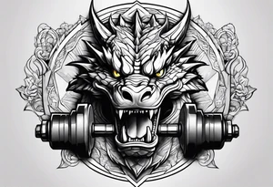 Dragon with dumbbell in mouth tattoo idea