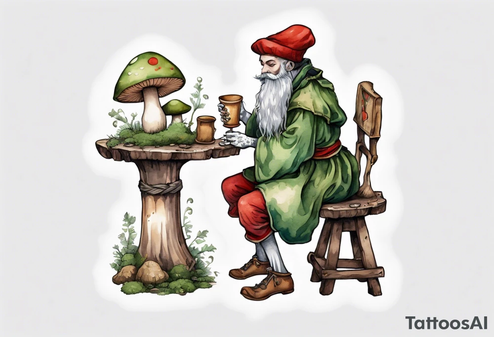 a mushroom with a mossy beard wearing medieval clothes sitting on a stool drinking from a wood cup tattoo idea