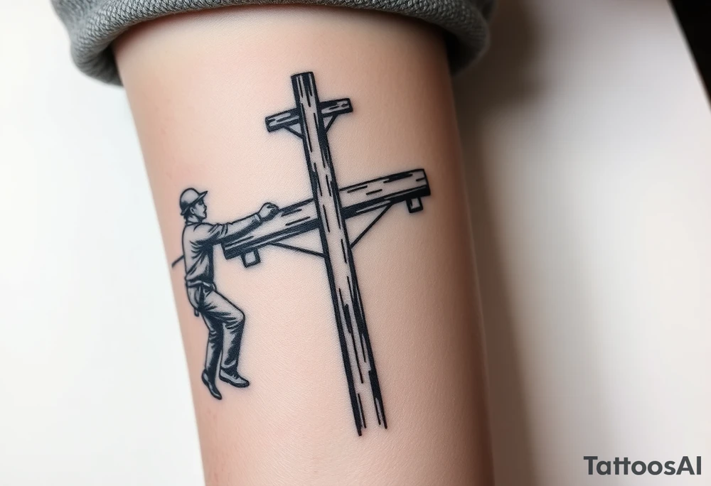 power lineman climbing a wooden 12kv pole. Make the pole a cross that has a hidden resemblance to god. tattoo idea