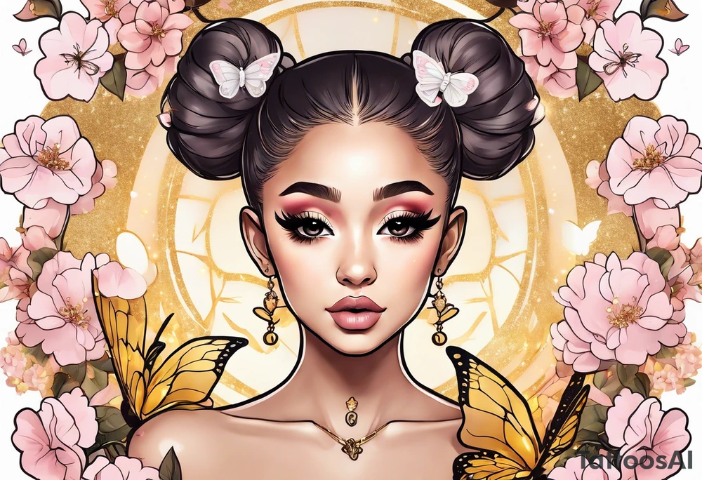 Ariana Grande surrounded in a golden aura with cherry blossoms and white butterflies with a key that unlocks a heart tattoo idea