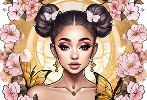 Ariana Grande surrounded in a golden aura with cherry blossoms and white butterflies with a key that unlocks a heart tattoo idea