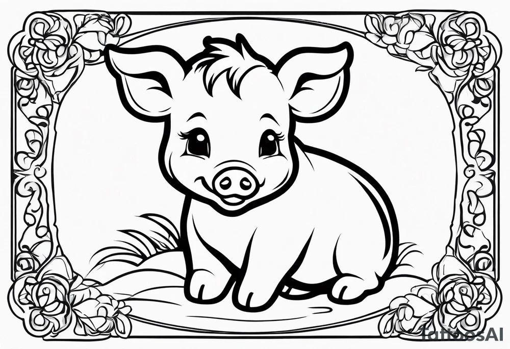 very cute happy piglet.
outline only.
black and white only.
only show the piglet. no extra lines or decoration.
no black shading.
dont make the ears too big.
draw only with very thin lines (1px)

should look like a tattoo that will only take 15 minutes to draw tattoo idea