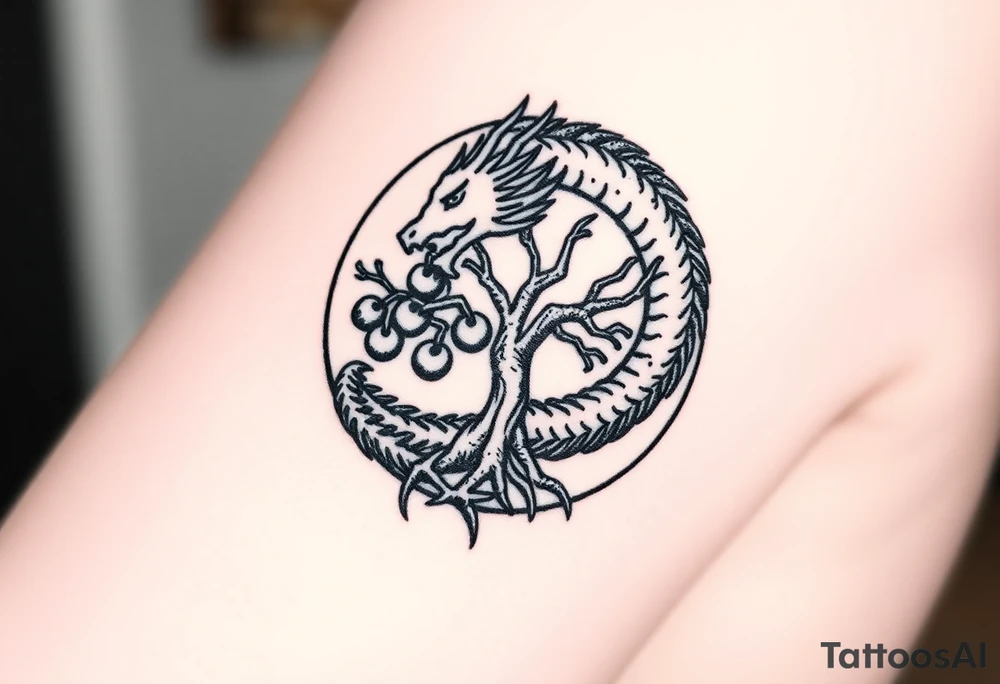 a dragon forming a circle with its body.  the dragon encircles the tree of life.   the tree of life has fruit  and the dragon is eating the fruit. the roots of the tree are strangling the tail of the dragon tattoo idea