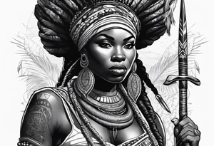 African woman warrior holding spear with deadlocks and earrings. With African setting in the background tattoo idea