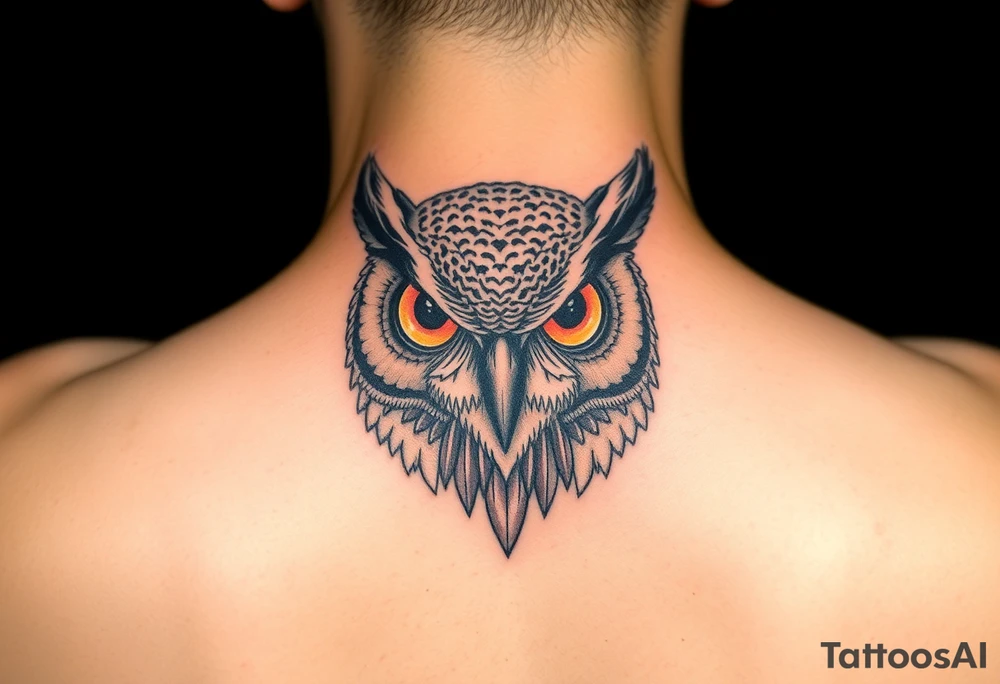 Biomechanics  large colored tripping eye owl head on the forearm tattoo idea