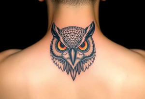 Biomechanics  large colored tripping eye owl head on the forearm tattoo idea
