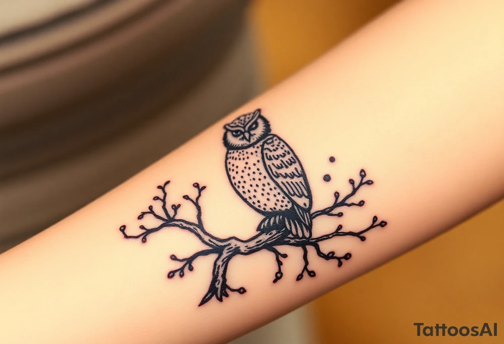wise owl perched on ancient oak branch under starlit sky tattoo idea