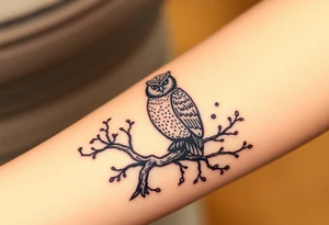 wise owl perched on ancient oak branch under starlit sky tattoo idea