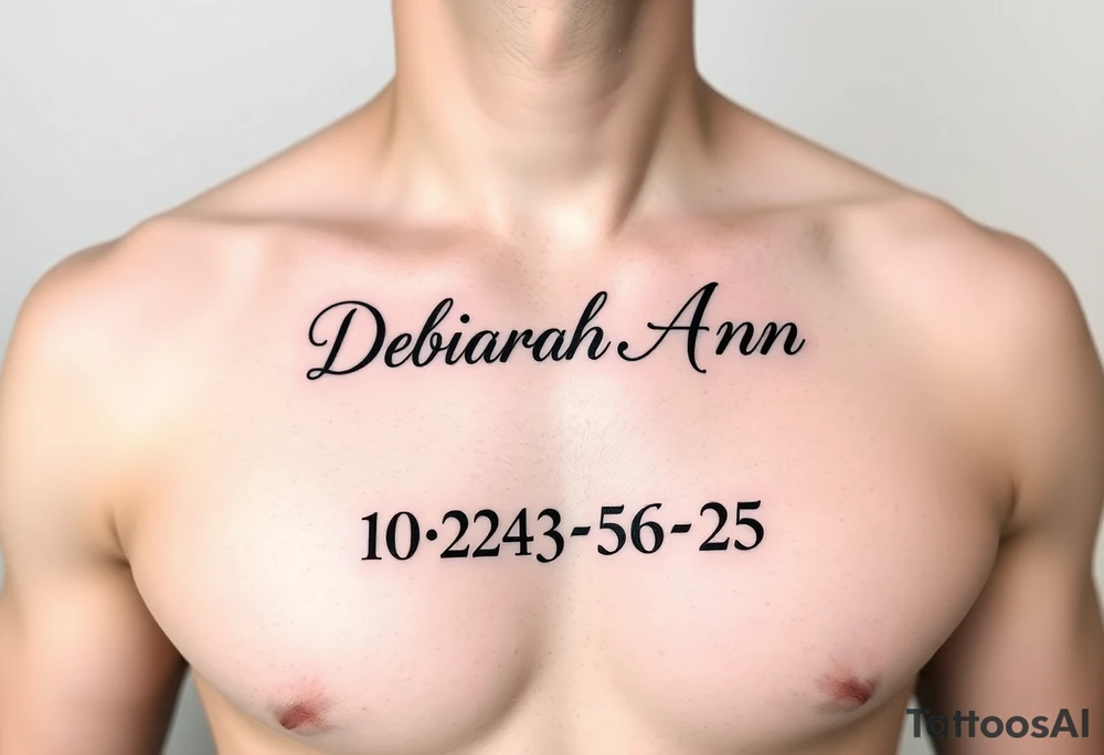 Deborah Ann in cursive in chest with 10/23/56-25 on the bottom but in Roman numerals tattoo idea