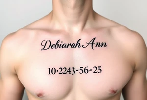 Deborah Ann in cursive in chest with 10/23/56-25 on the bottom but in Roman numerals tattoo idea