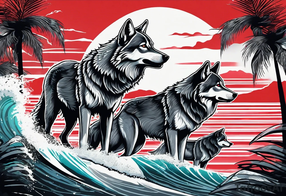 a pack of howling muscular  gray wolves surfing with a tropical background with red white and black and gray tattoo idea