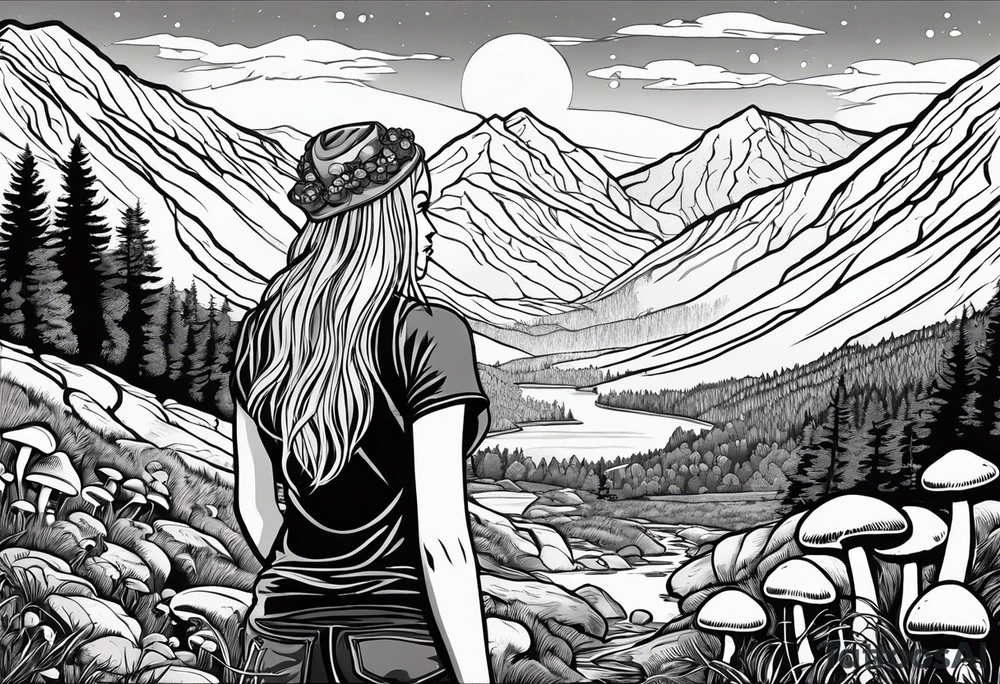 Whole picture encircled fully

Straight long blonde hair hippie girl in distance holding mushrooms in hand facing away toward mountains and creek surrounded by mushrooms long sleeve shirt and hiking pants; whole rendering within a full celtic circle border, no cut off circle tattoo idea