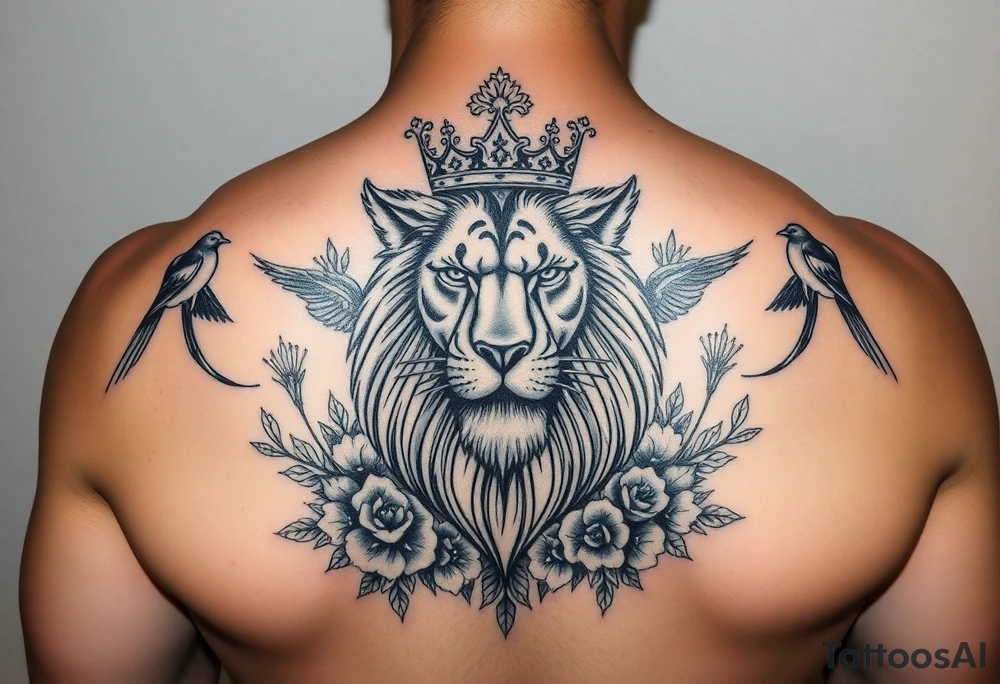 powerful majestic lion with a crown, surrounded by floral ornaments and birds tattoo idea