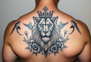 powerful majestic lion with a crown, surrounded by floral ornaments and birds tattoo idea