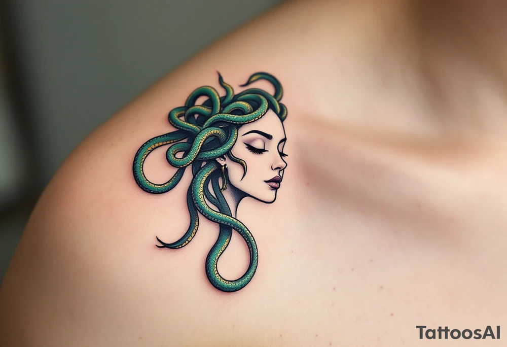 A minimalist Medusa with serpentine hair, where each snake is subtly represented by thin, flowing lines, creating a soft, almost abstract look. Her eyes are closed, evoking a calm yet mysterious expression. The snakes are shaded with shades of green, ranging from emerald to olive, with delicate touches of gold along their scales to give a mystical glow. tattoo idea