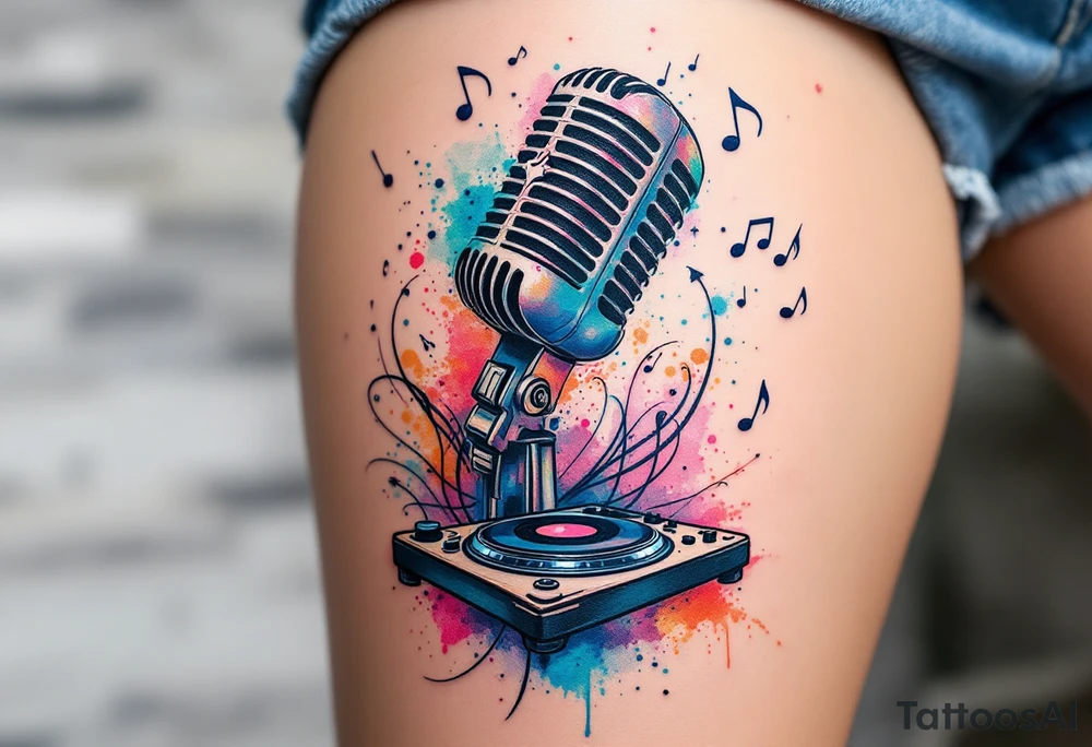 Microphone turntables and music notes graffiti style on a woman's thigh tattoo idea