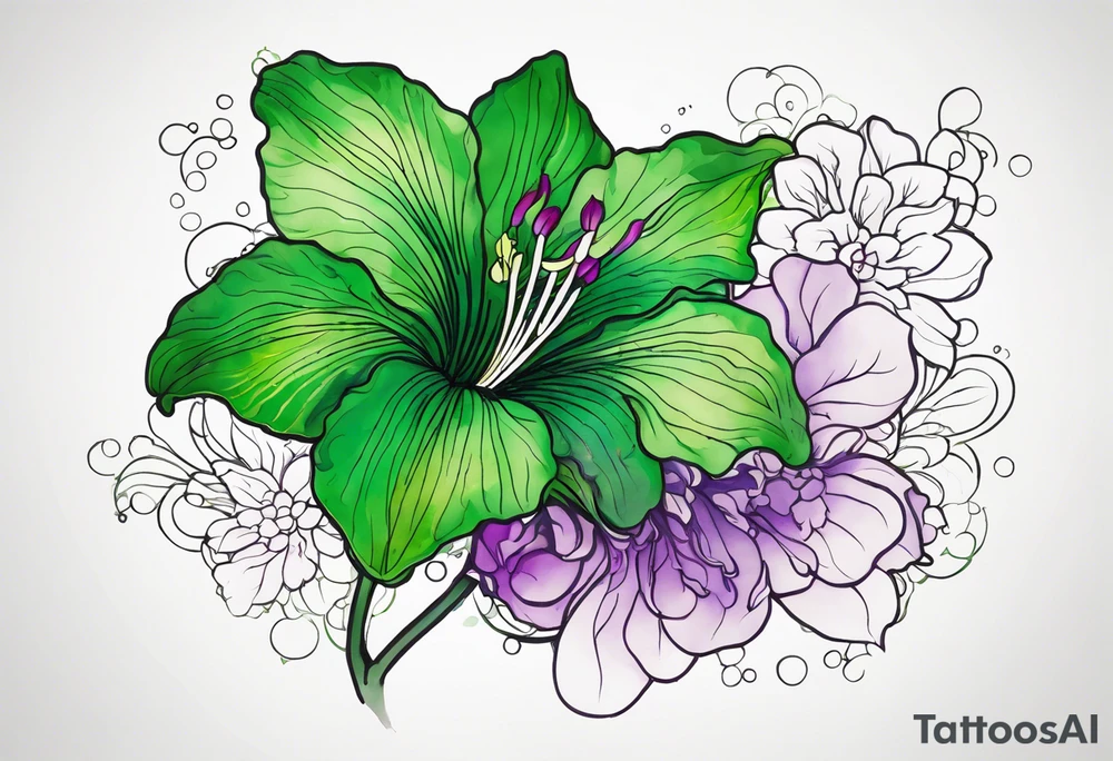 An outline of an only green rio dipladenia flower and a green and purple watercolor splash in the background tattoo idea