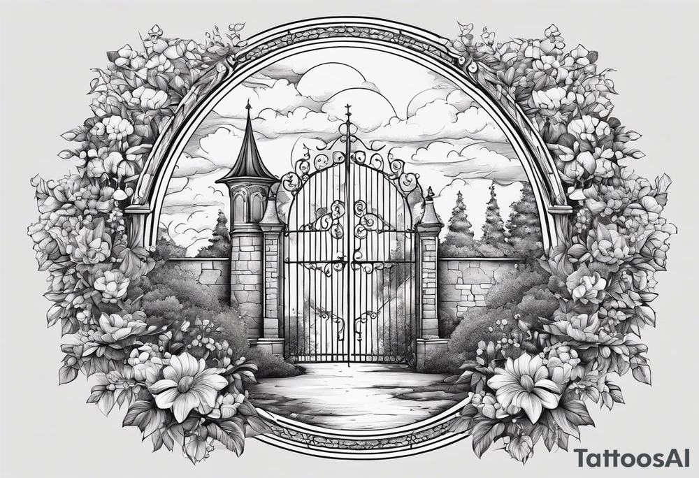 night medieval town garden gate entrance
in circle vignette surrounded by clouds floral tattoo idea