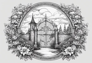 night medieval town garden gate entrance 
 in circle vignette surrounded by clouds floral tattoo idea