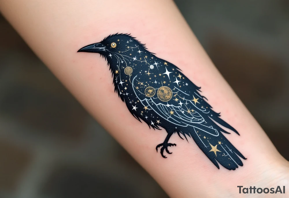Celestial Crow – A black crow filled with tiny constellations and stars inside its body. Stylized with dark navy, gold, and white ink for a cosmic feel. tattoo idea