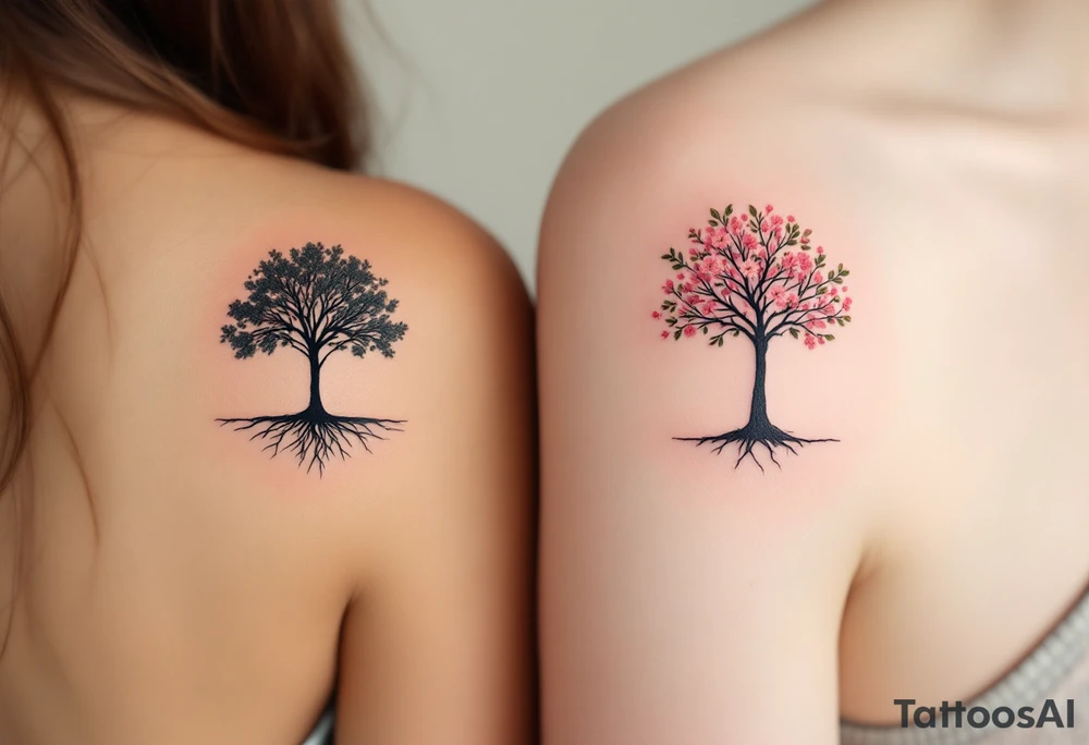 One partner wears a black ink silhouette of a tree with strong roots, while the other has a matching tree with blooming branches in soft pink and green, symbolizing grounded love and shared growth. tattoo idea