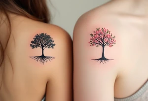One partner wears a black ink silhouette of a tree with strong roots, while the other has a matching tree with blooming branches in soft pink and green, symbolizing grounded love and shared growth. tattoo idea