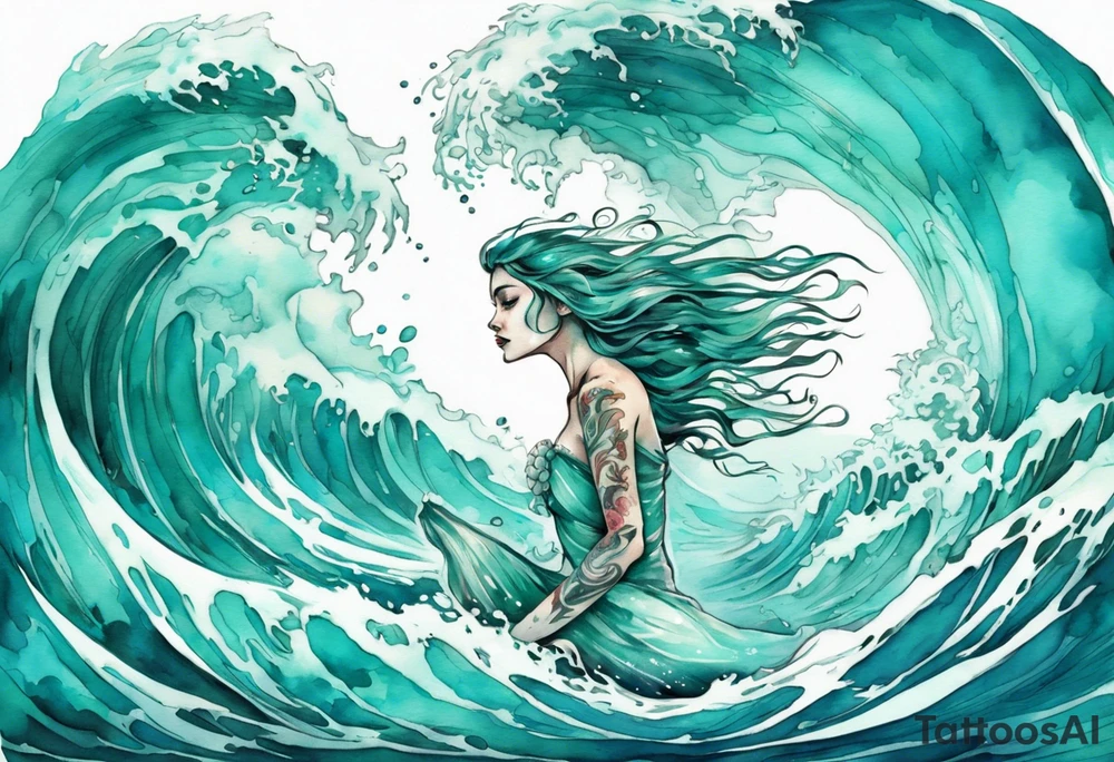 a beautiful turquoise rusalka emerging from an ocean wave, crashing onto the shore tattoo idea