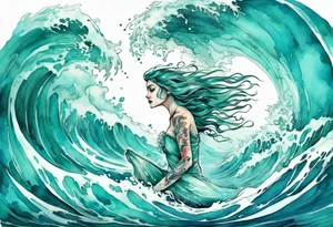 a beautiful turquoise rusalka emerging from an ocean wave, crashing onto the shore tattoo idea