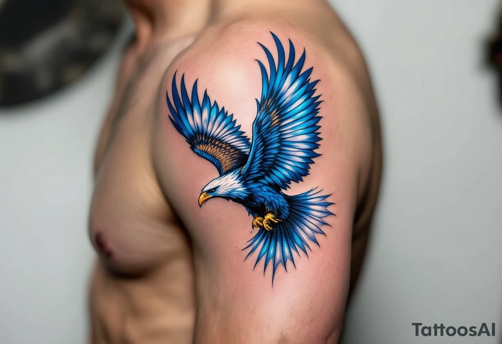 A vibrant blue soaring eagle symbolizes freedom and strength in the face of adversity. tattoo idea