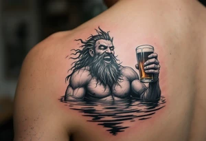 laughing poseidon, with a trident, in calm water, holding a beer tattoo idea