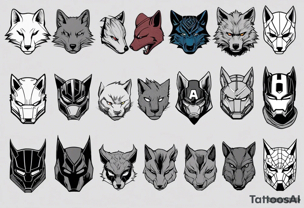 I want to change Avengers Team characters with animals. Hulk will be Badger, Thor will be Alpha Grey Wolf, Captain America will be Bull, Iron Man will be Canary, Black Widow will be Axolotl, Hawk Eye will be Sudan Plated Lizard and Nick Fury will be Cat. tattoo idea