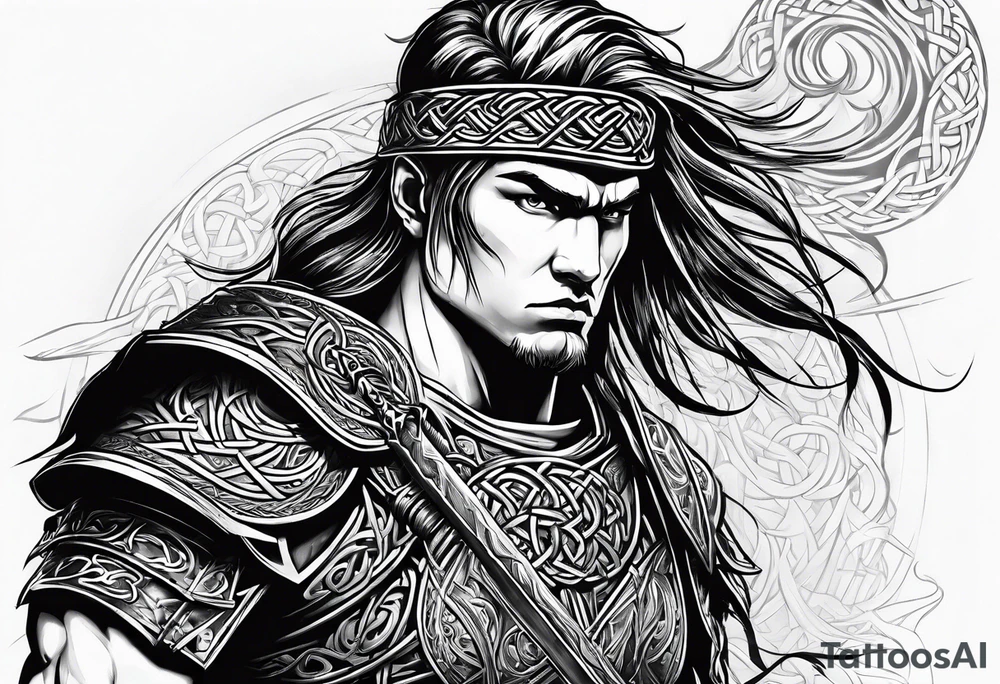 Full body shot Celtic warrior facing left with sword drawn. tattoo idea