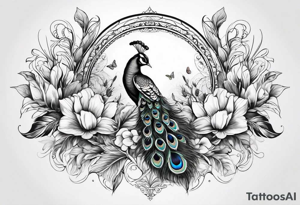 Peacock feather, butterfly, narcissus flower and hummingbird tattoo idea