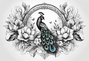 Peacock feather, butterfly, narcissus flower and hummingbird tattoo idea