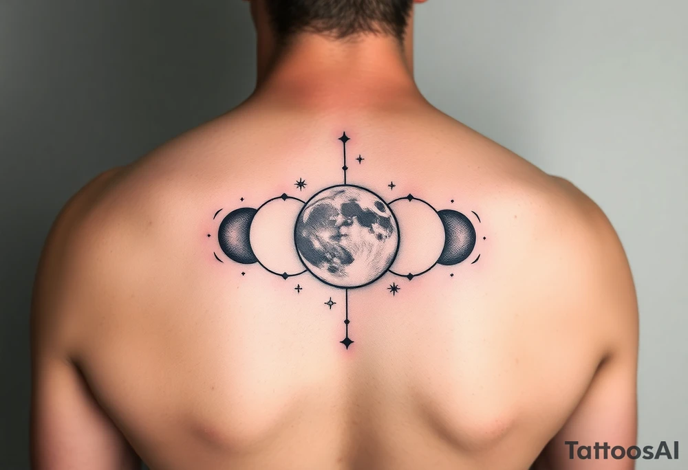 5 moon phases going vertical in this order waxing crescent, third quarter phase, full moon, first quarter phase, third quarter phase with the Capricorn constellation without connecting lines just the stars behind it tattoo idea
