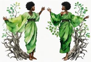 a tree trunk with roots that is a black woman from the waist up, feet made of tree roots, wearing a green tunic, arms stretched upwards towards the noon sun tattoo idea
