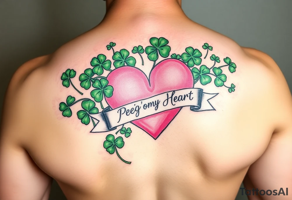 A ton of green shamrocks with a big Pink heart and a banner across the heart that says Peg 'o My Heart tattoo idea