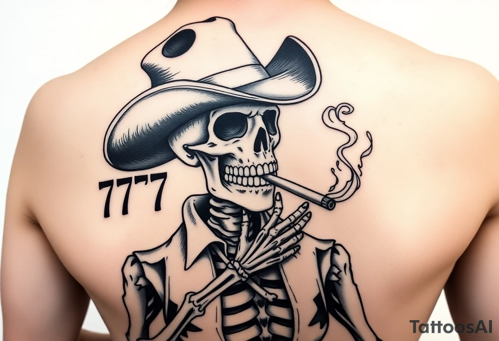 I have a skeleton cowboy smoking a cigarette with smoke that shapes into a heart. It says “wanted” above it and “outlaw” under it. I’d like “777” or a sheriff badge in the background tattoo idea